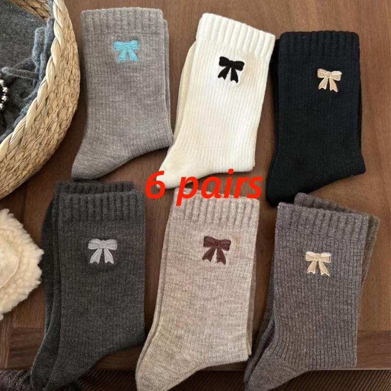 Bowknot socks, Korean-style women's autumn and winter warm plush retro mid-calf socks, brown mid-calf women's socks