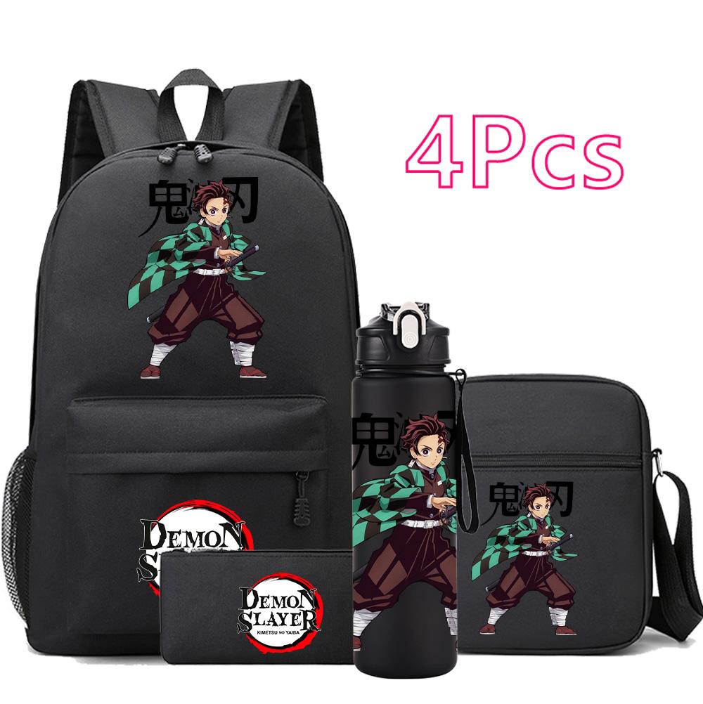 4 st/set Anime Demon Slayer Tryckt Ryggsäck Skolväska Axelväska Fodralväska med 750 ml Vattenflaska Pojke Flicka Stor Kapacitet Vattentät Skolväska