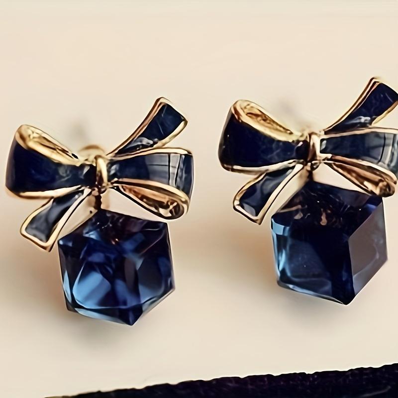 Bowknot Crystal Square Stud Earrings for Women, Elegant Alloy Earrings, Perfect for Casual Daily Attire & Gift Giving