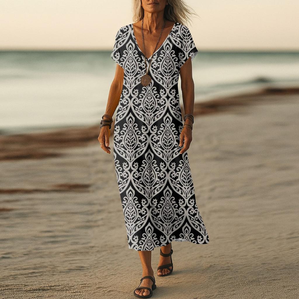 Sommerkleid Damen Langes Boho Strandkleid Elegantes Maxikleid V-Ausschnitt Kurzarm Sommer Tunikakleid Leicht Luftig