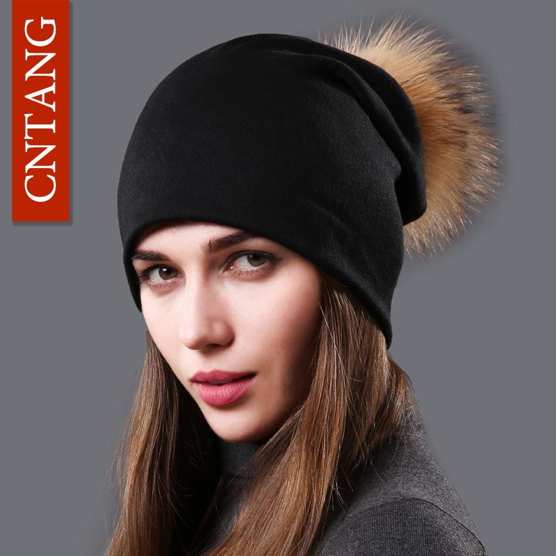 Women s Hat Natural Raccoon Fur Pompom Beanies Autumn Winter Warm Cotton Hats Rhinestone Fashion Caps for Women Multiple Styles