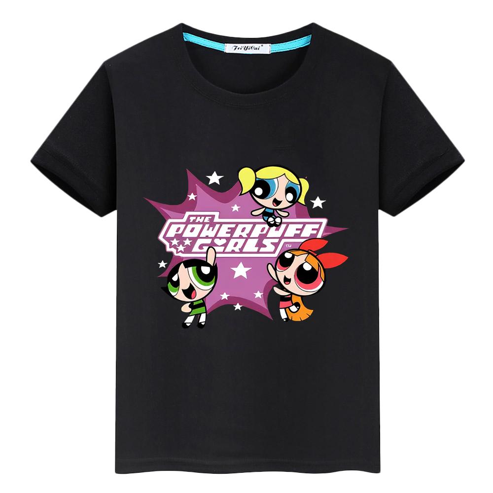 

T Shirt for Kids Powerpuff Girls Print Tee 100%Cotton Anime Short Kawaii Tops Pride Tshirt Y2k Boy Girl Clothes 100 чёрный
