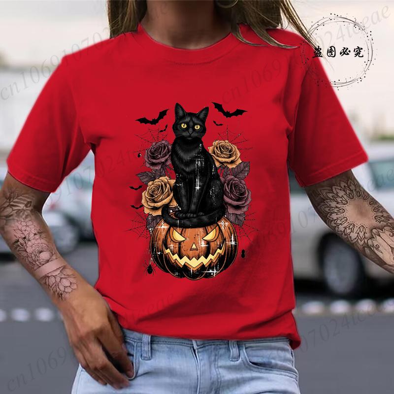 Halloween Skull Bow Pumpkin Shirt Funny Retro Black Cat Tee TShirts Spooky Season Graphic T Shirt for Unisex Short Sleeve Tops