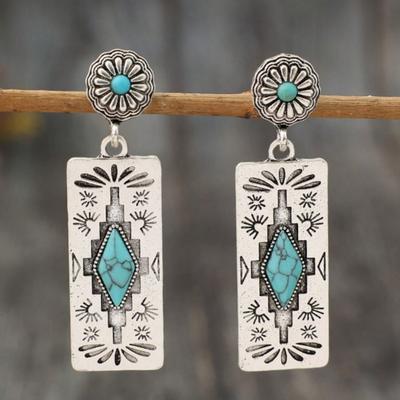1 Par Brincos Pendentes Retangulares Entalhados Estilo Western Vintage com Incrustações de Turquesa Imitada, Presente para Mulheres