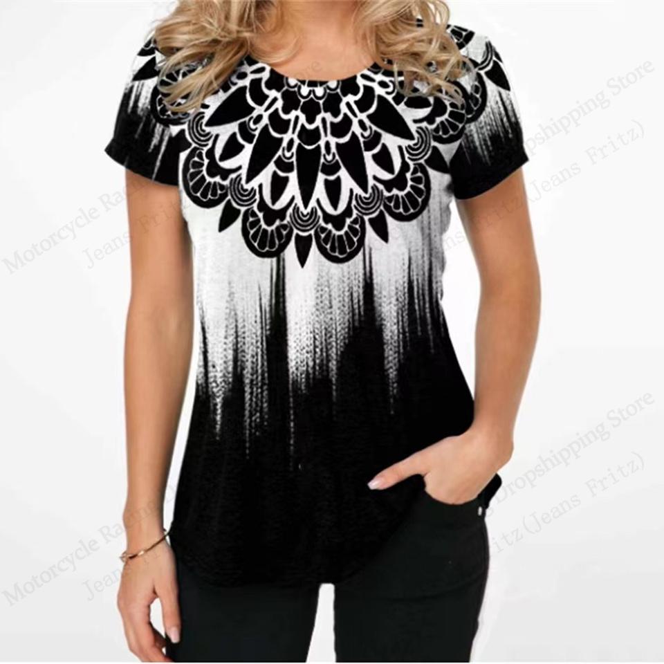 

Новая винтажная синяя футболка с этническим принтом 3D, женская модная футболка с круглым вырезом, коротким рукавом, оверсайз, повседневные топы, футболки, женская одежда Y2K XL