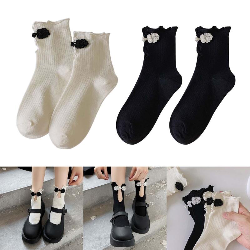 Women Crew Socks Ruffle Ankle Socks Japanese Style Sweet Bows Socks Frilly Cheongsam Knee High Socks Y2K Streetwear
