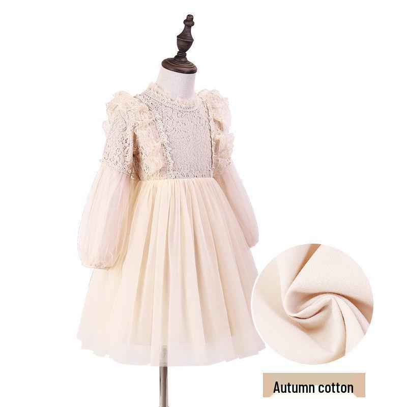 Korean Style Girls' Lace Princess Dress, Spring/Autumn 2024 - Long Sleeve, Puffy Tulle One-Piece