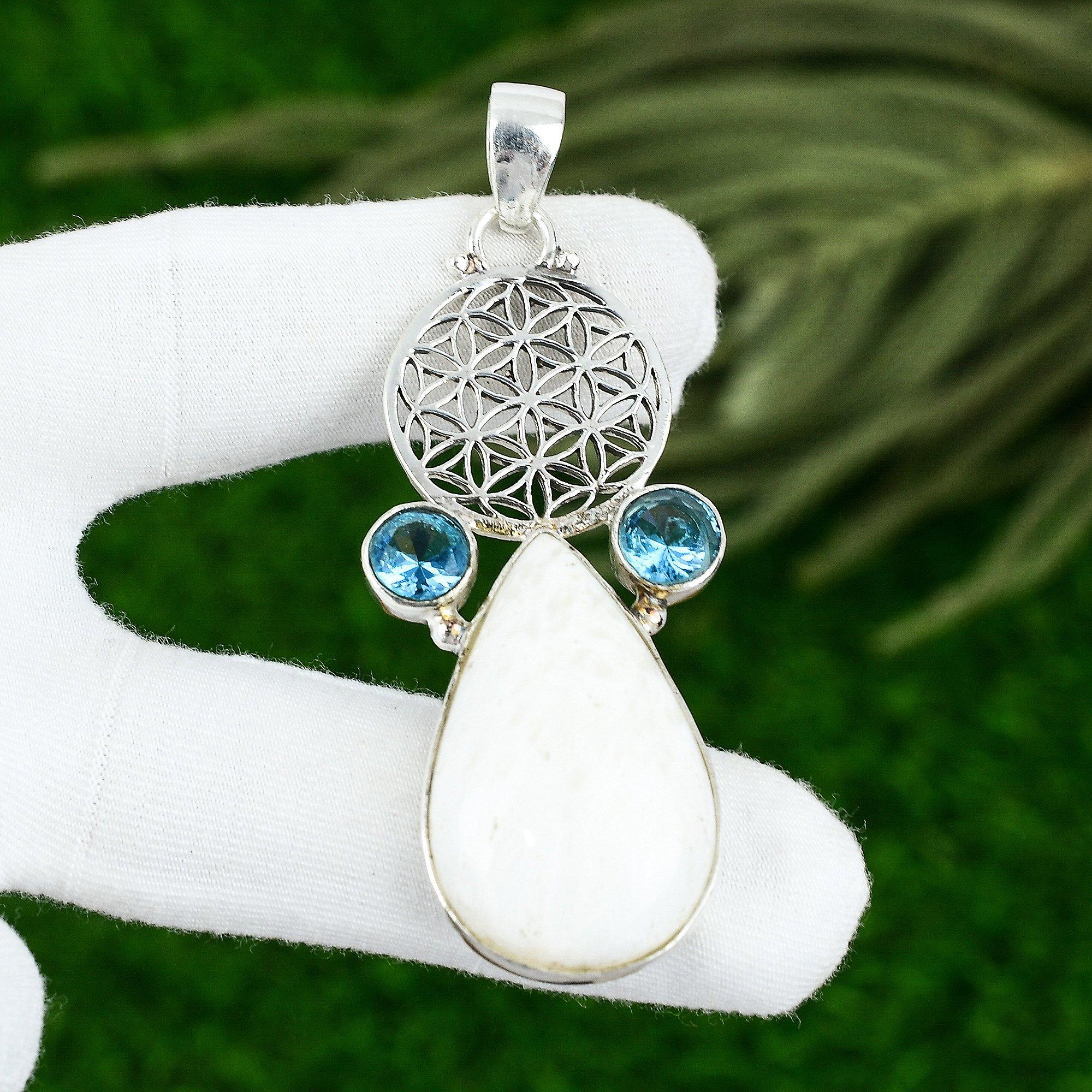 

925 Silver Pear Crown Chakra Scolecite Stone Swiss Blue Topaz Mother New Pendant