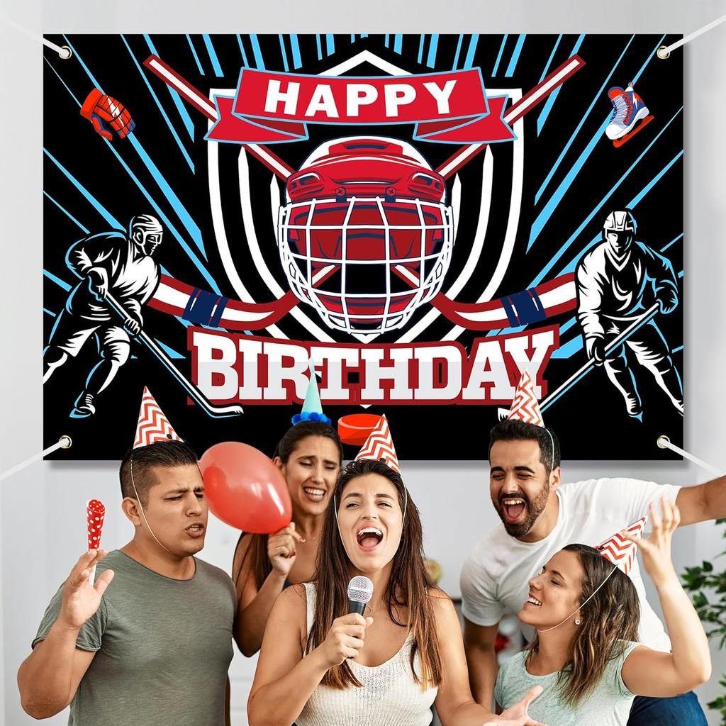 Ice Hockey Happy Birthday Backdrop Banner Ice Hockey Rink Game Sports Theme Background Decor for Player Adult Kids Boys Girls Birthday Party Favors