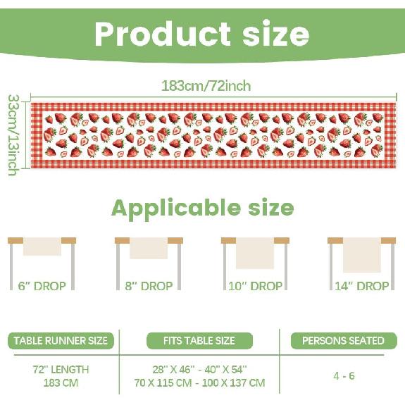 WADORN Strawberry Table Runner, 13x72 Inch Buffalo Plaid Check Fruit Kitchen Dining Table Decoration Spring Summer Seasonal Farmhouse Table Runners