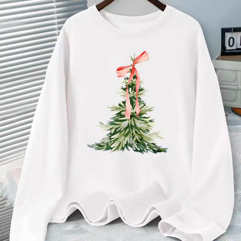 (Asian Size) Tree Cute Lovely Print T Shirt Christmas New Year Graphic Tee Women Autumn Winter Casual Fashion Top Clothing Long Sleeve T-shirts