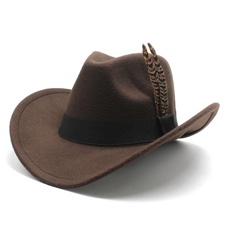 

Spring And Autumn Feather Wool Top Hat Western Cowboy Jazz Hat Men S And Women S Outdoor Sun Hat Top Hat M（56-58cm） темно-коричневого кольору