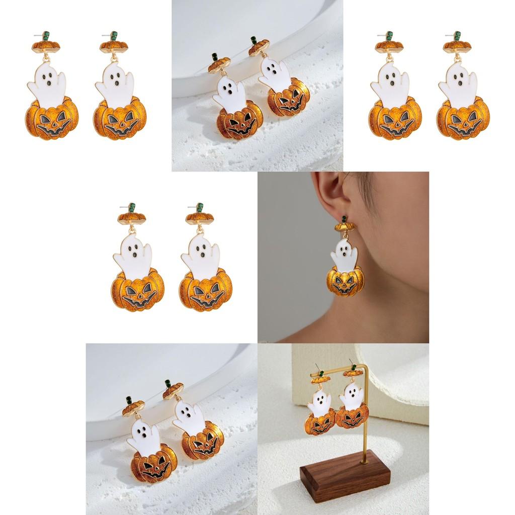 Unique Vintage Style Halloween Pumpkin Ghost Earrings With Sparkling Rhinestones For Women