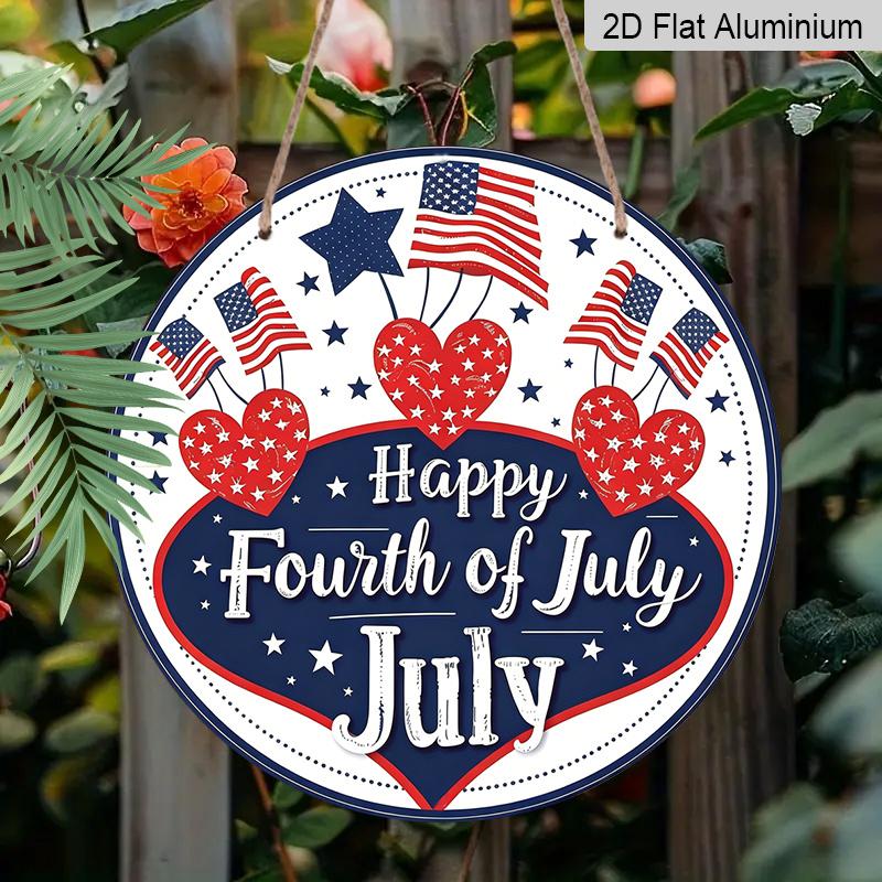 2D Flat, 1pc Round Aluminum Hanging Sign - 4th of July Patriotic Metal Wall Sign, "Happy Fourth of July" Star & Flag Design, Perfect for Indoor