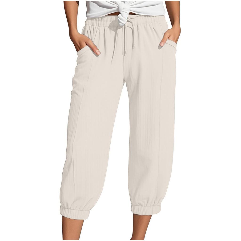 Women's Summer 3/4 Trousers  Summer Trousers With Pockets Causal Loose Trousers Fabric Trousers Sport Leisure Beach Trousers