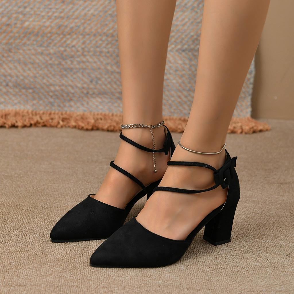 2025 New Spring Autumn Women Heels Ankle Cross Strap Thick High Heel Sexy Female Shoes Casual Suede Black Pointed Toe Pumps