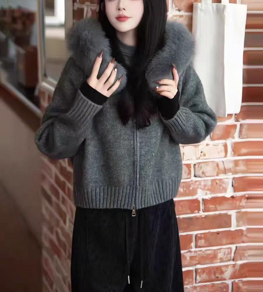 Cárdigan Corto de Punto con Capucha para Mujer con Cuello de Piel Sintética de Zorro - Nuevo Estilo de Moda Otoño/Invierno