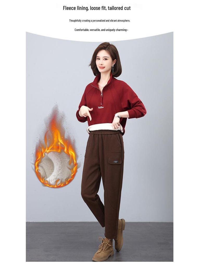Women's Fleece-Lined Thick Sweatshirt Tracksuit: Autumn/Winter 2024 Collection for 40-Year-Olds - Casual Two-Piece Set