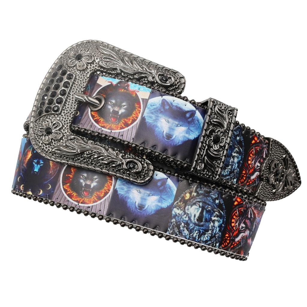 Original Design Animal Rhinestone Print Belt, Hip Hop Punk Personality Full Of Pu Leather Belt