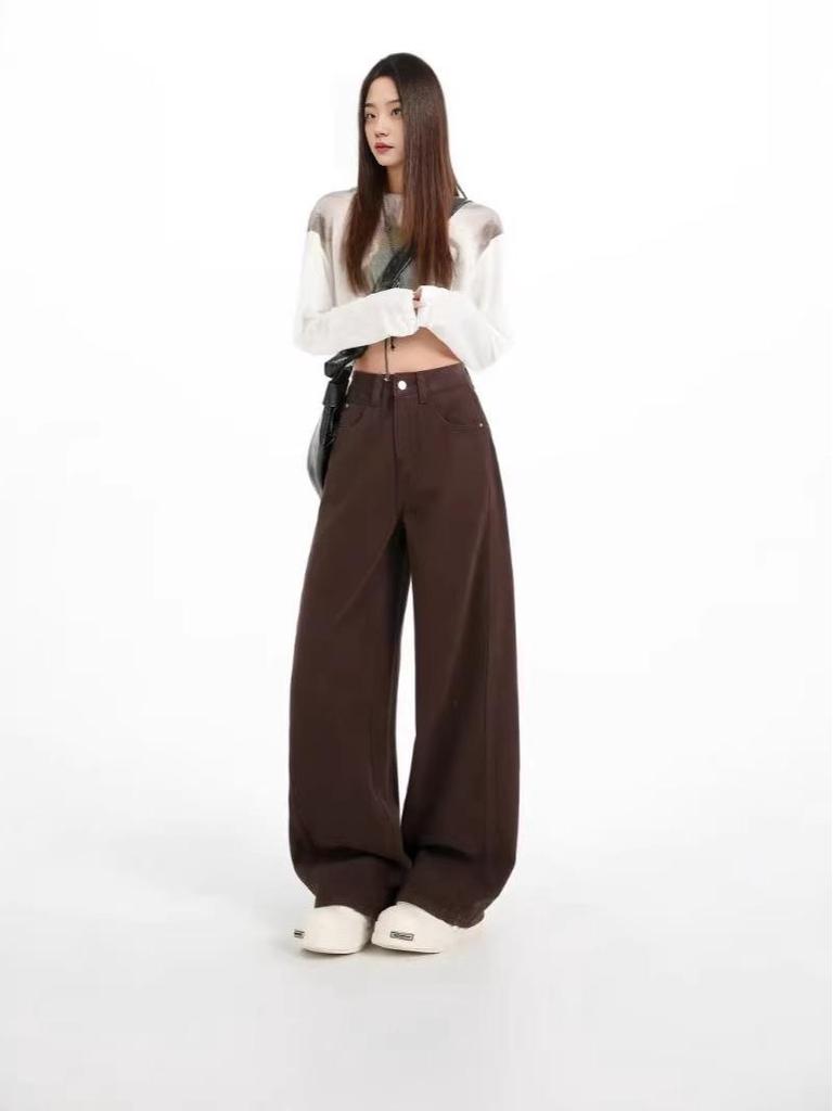 2026 Retro American Wide-Leg Curved Jeans: New Floor-Length Loose Straight-Leg Style for Spring & Autumn