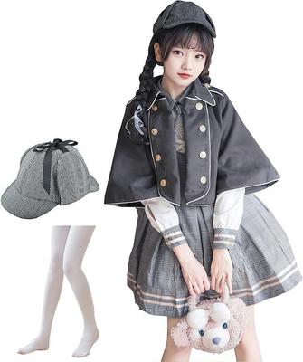 JIURUN Lolita Langarm Lolita Plus Mori Niedlich JK Uniform Cosplay Schule Anime Süß Locker Perfekt für Kirschblüten Traumhaft Niedlich Grau Krawatte Umhang Hut