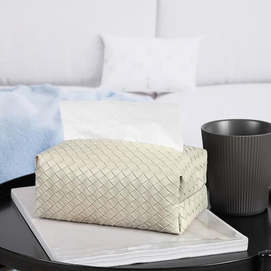 Yousheng PU Leather Tissue Box, with Smooth Paper Outlet Opening, Soft Rounded Weaving Surface Tissue Holder for Home