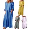 Dames Vintage Effen Kleur Lange Mouw O Hals Zakken Maxi Jurk Tuniek Kaftan