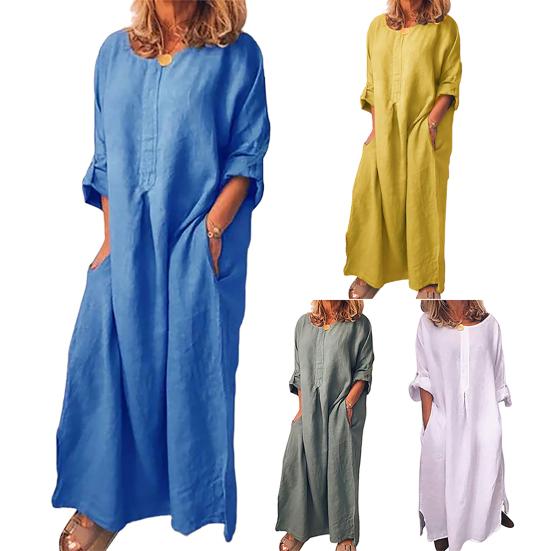 Dames Vintage Effen Kleur Lange Mouw O Hals Zakken Maxi Jurk Tuniek Kaftan