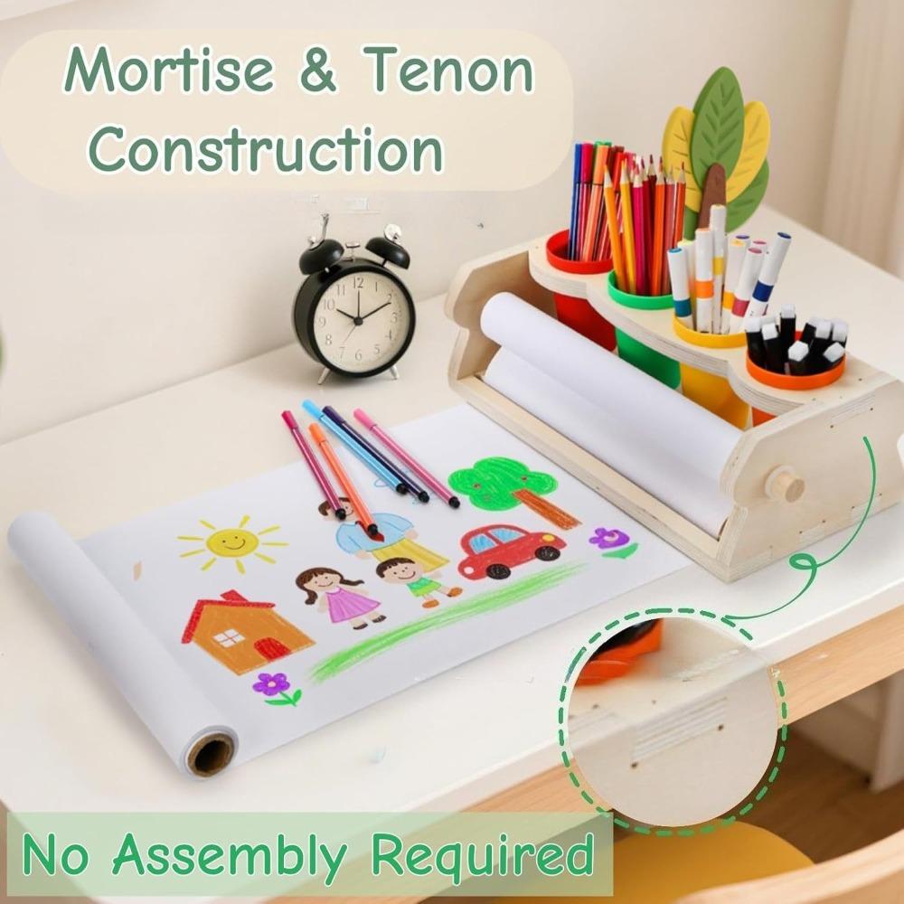 Wooden Tabletop Paper Roll Dispenser with Roll Pencil Cups Craft Art Paper Roll Holder for Kids Desktop Easel Drawing Painting