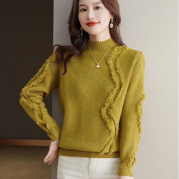 Half Turtleneck Sweater for Women Solid Color Tassel Pullover Fashionable and Casual Loose Knitted Sweater for Women In Autumn and Winter