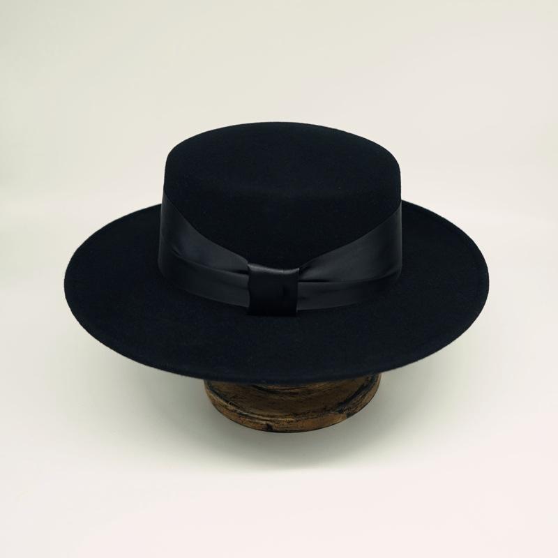 

Foreign Trade Export Black Bow Big Eaves Flat Top Top Hat For Men And Women Autumn And Winter Wool British Retro Panama Felt M（56-58cm）