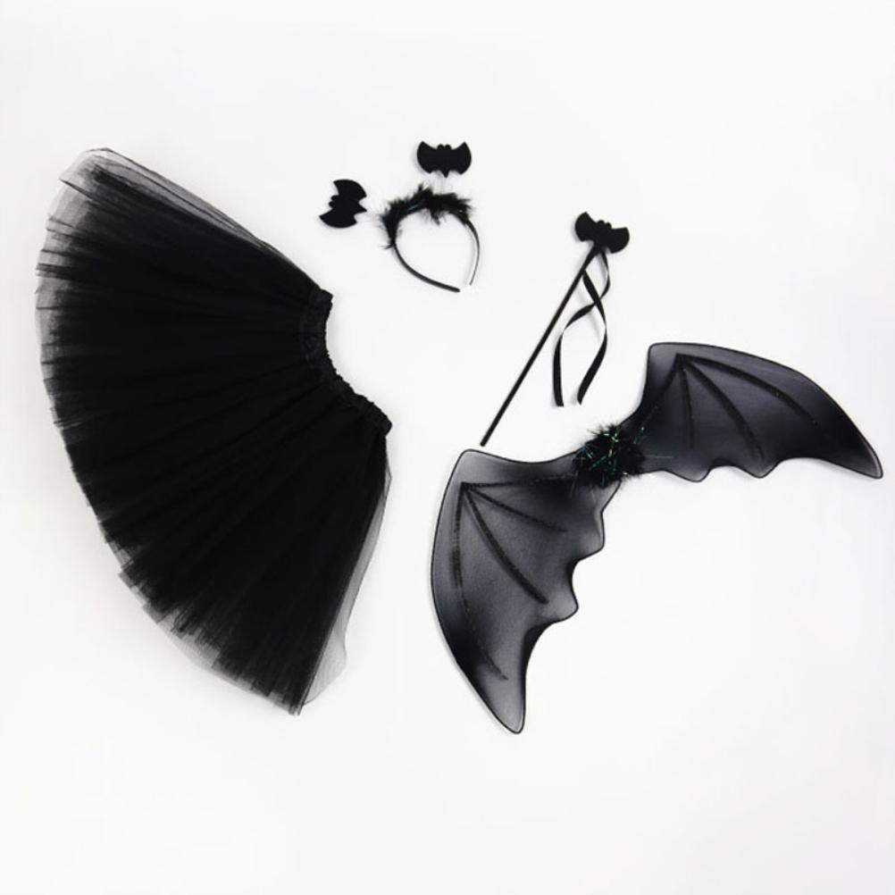 4 Stück Mädchen Halloween Cosplay Kostüm Verkleidungskleid Schwarzer Netzrock mit Stirnband Fledermausflügelstab