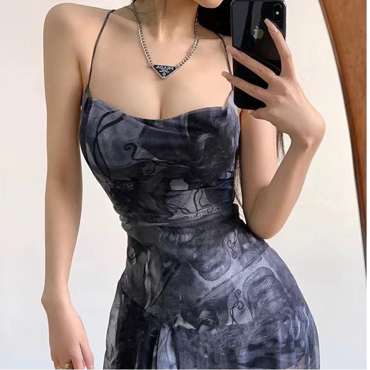Women's Summer Skirt Pure Erotic Hottie Cross Halter Irregular Printed Suspender Dress