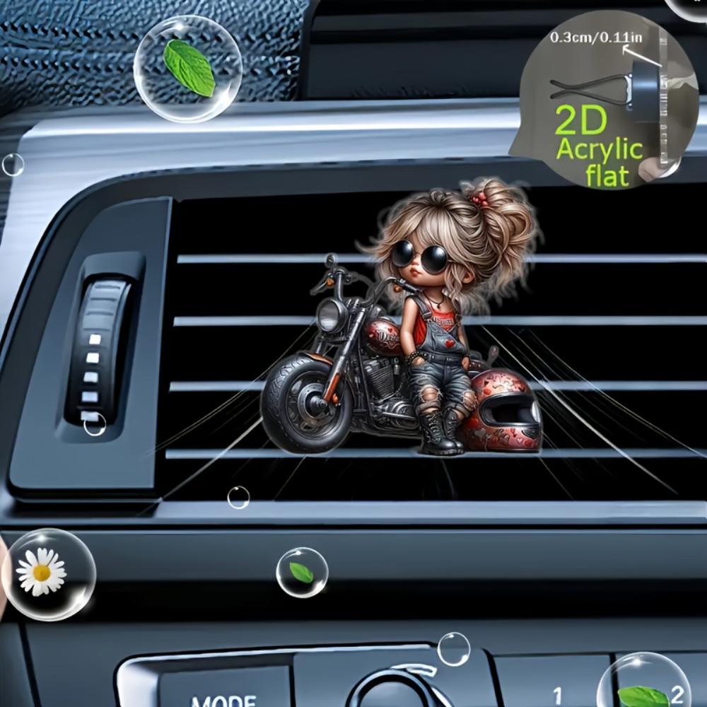 2D Flat Motorcycle Girl Car Vent Clip Decorative Diffuser (fragrance Not Included), Car Interior Decoration, Aromatherapy Clip,ideal for Holiday Gifts