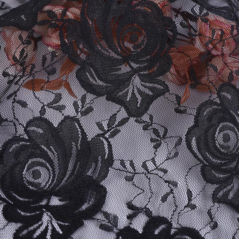 Black Peony Stretch Lace Bodysuit with Large Peony Flower Trim