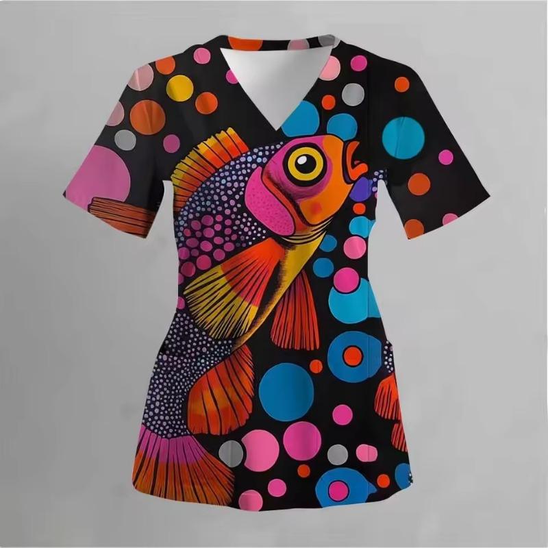 Dámské pracovní uniformy s potiskem roztomilých dinosaurů, trička s výstřihem do V a kapsami, zubní lékař, veterinář, zdravotní sestra, chirurgické uniformy, ošetřovatelství