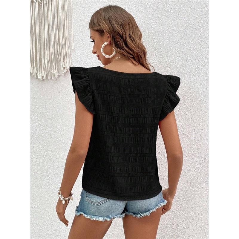   Women's Square Neck Ruffle Sleeve Crop Top Textured Casual Summer Tops