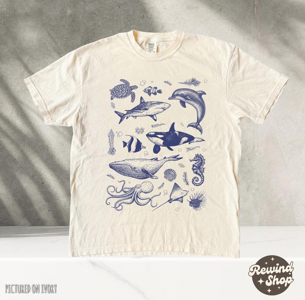 Sea Animal Vintage Tshirt, Ocean Nature Retro Shirt, Sealife, Ocean, Whale, Orca, Turtle, Dolphin Shit, Unisex Adult Tee, Ocean Gifts