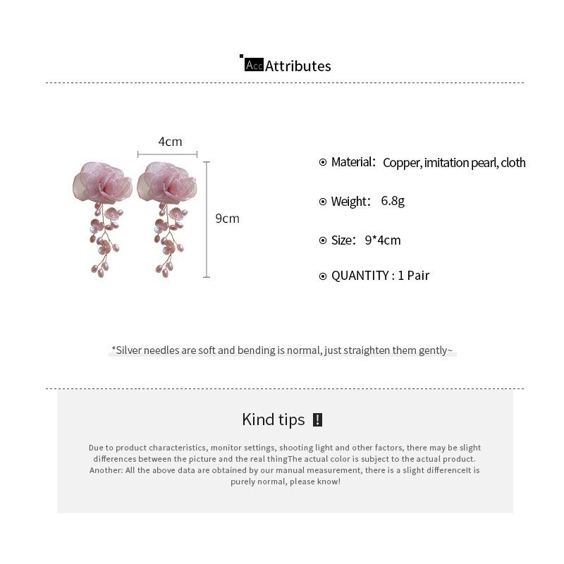 Pink Yarn Mesh Flowers Tassel Dangle Earrings for Women Sweet Girly Imitation Pearl Pendientes Fairy Lolita Party Ear Decoration
