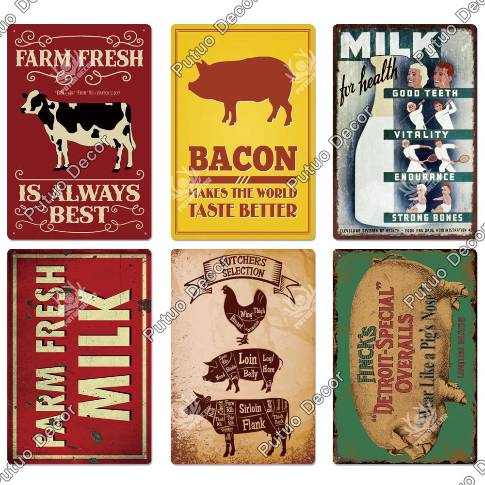 Putuo Decor Farm Tin Sign Milk Vintage Tin Sign Plaque Metal Plate Retro Poster for Farmhouse Cow Pig Wall Stickers Art Decor