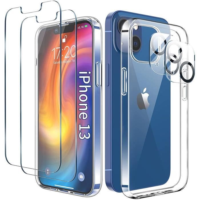 Coque Silicone TPU - pour iPhone 13 mini - Ultra Slim - Protection Complète - Transparent - 2 Verres Trempés