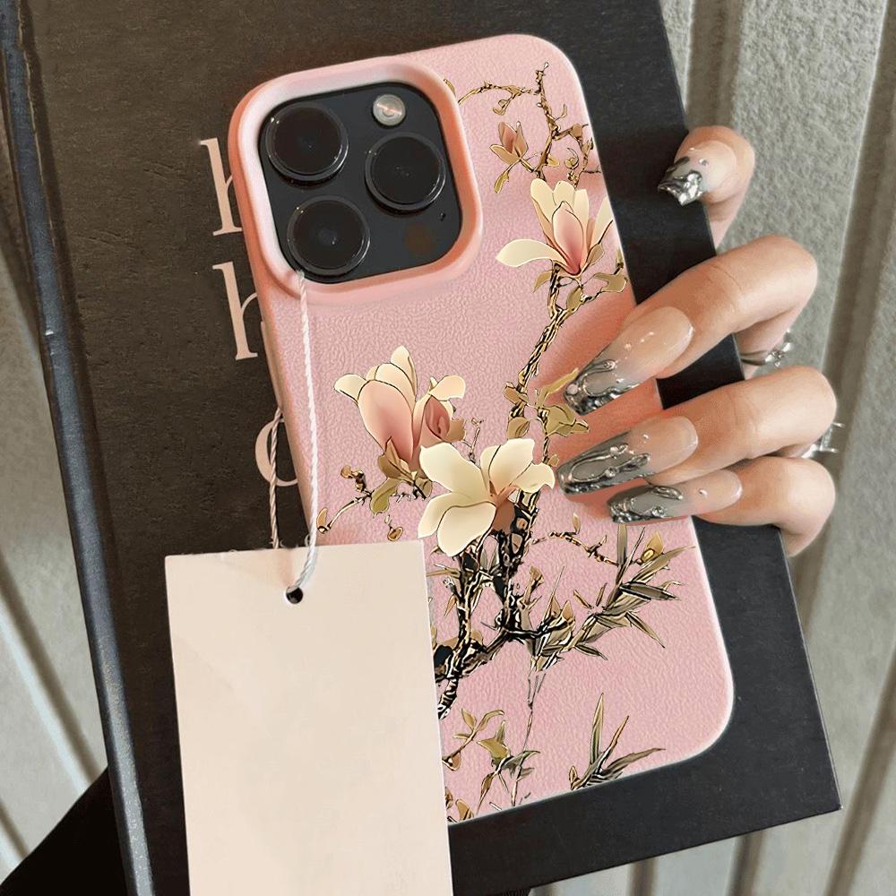 HOT Orchid Plum Blossom Luxury Lichee Leather Pattern Phone Case For iPhone 17 16e 16 15 14 13 12 11 Air Pro Max Plus X XR XSMax