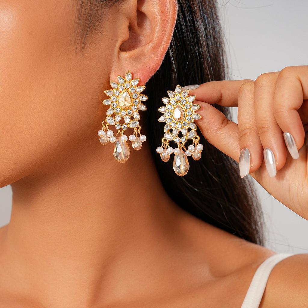 Court style diamond-set imitation pearl flower water drop silver needle earrings exquisite earrings