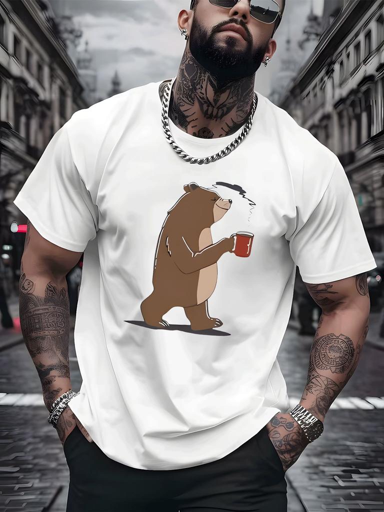 Unisex Crew Neck Tee Bear Coffee Cup Cartoon Print Short Sleeve Oversized Male Daily Casual Soft Breathable Basic Loose Wear Top