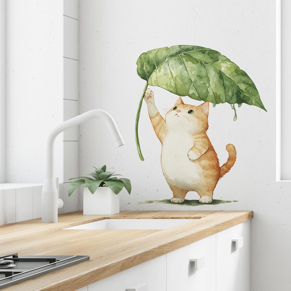 Cartoon Cat Leaf Umbrella Wall Sticker Self-Adhesive Removable Bedroom Dorm Hallway Home Decor