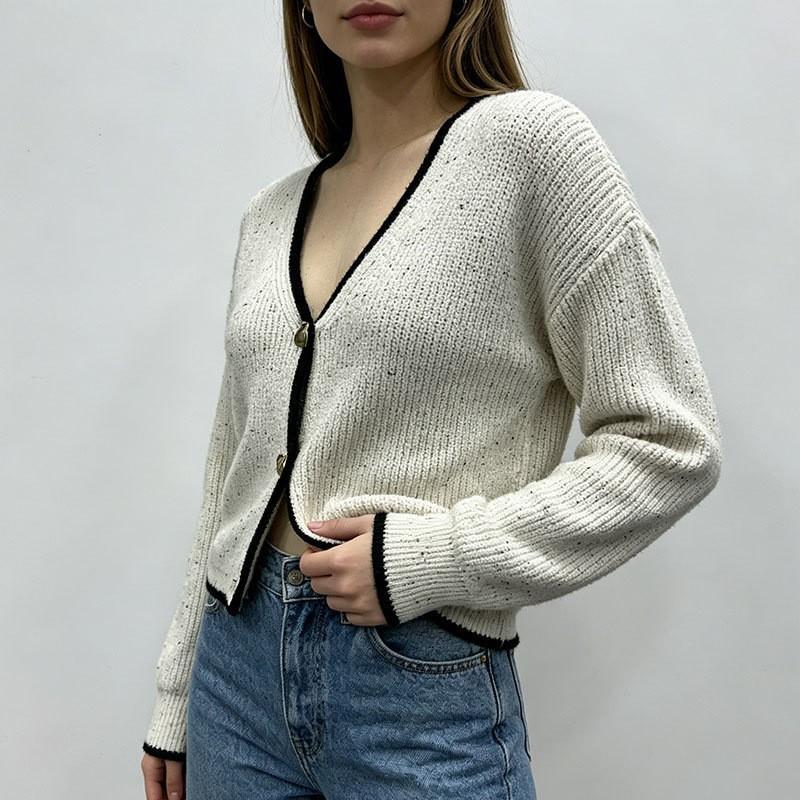 Womens Color Dotted Knit Cardigan Long Sleeve Round Neck Gold Buttons Casual Street Style