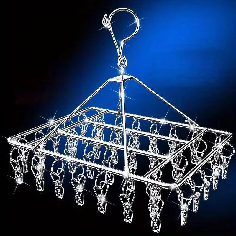 Stainless Steel folding Sock Underwear Hanger with Clips for Washing Line, Rectangle Laundry Metal Multi Peg Drying Rack Sock