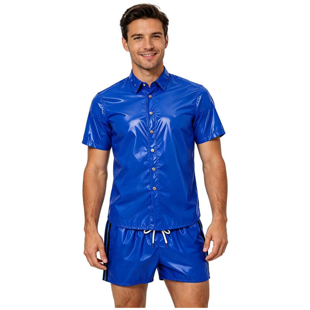 S-3XL Men Waterproof Training Outfit Short Sleeve Front Button Collared T-Shirt and Elastic Waistband Built-in Boxer Briefs for Wrestling Swim Gym