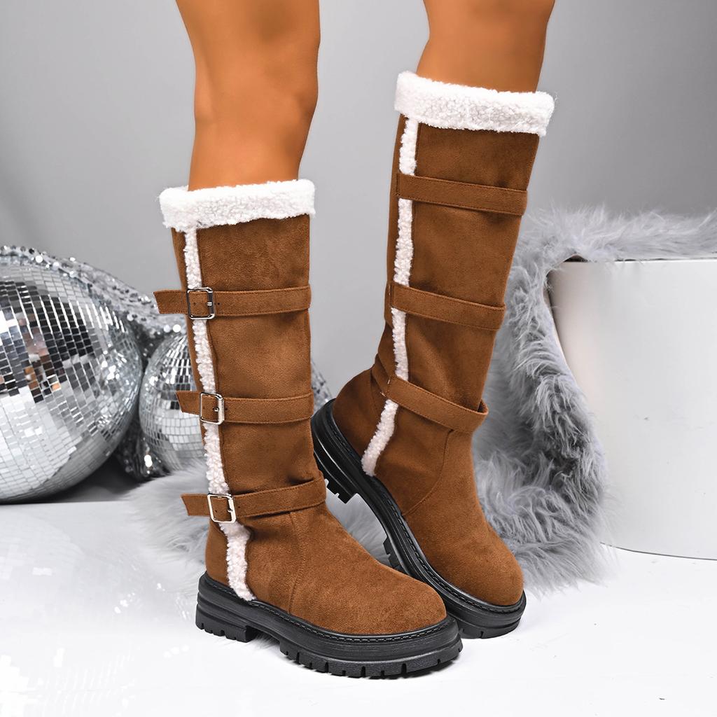 Women's Large Size Belt Buckle Soft Sole Winter Warm Fur One Stirrup Snow Boots Padded Lined Ankle Boots Non-Slip Hiking Casual Sport Boots