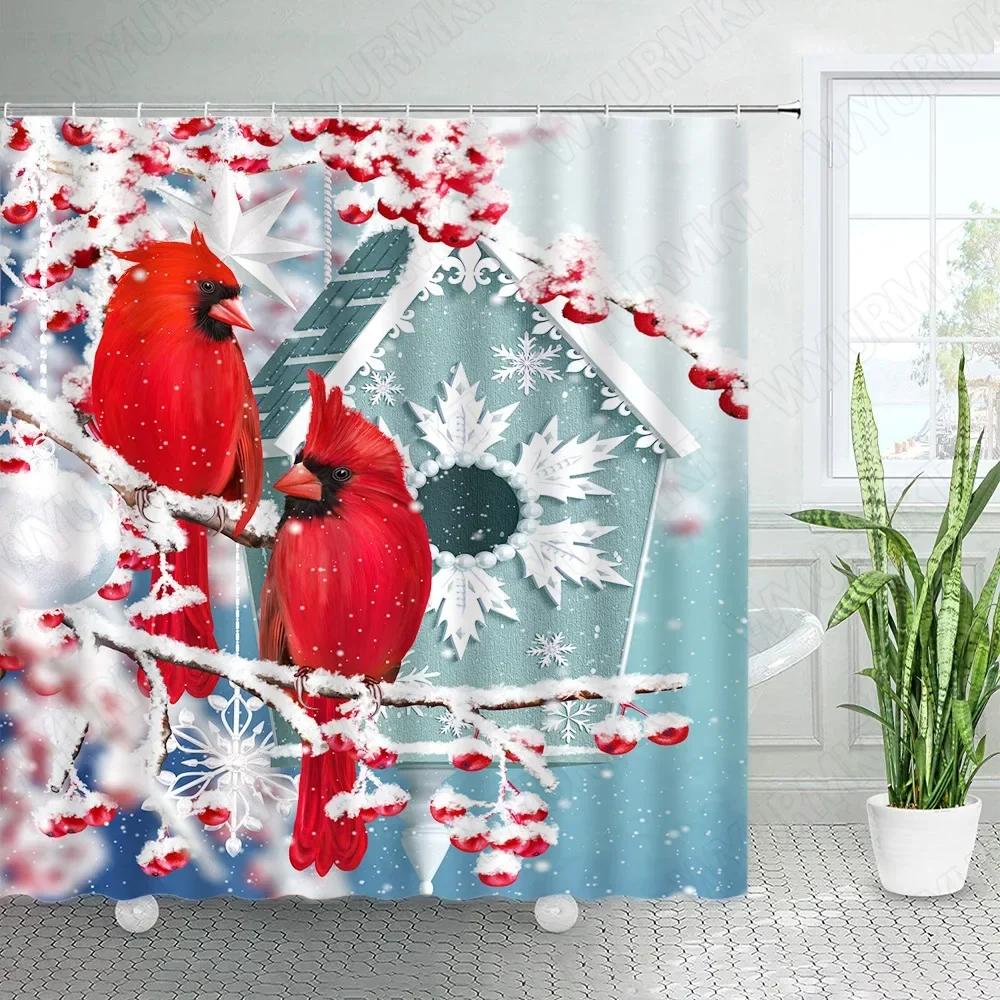 

Красные Птицы Шторы для Душа Снег Зима Ягода Снежная Ветка Дерева Новый Год Рождество Набор Тканевых Штор для Ванной Комнаты Декор для Ванной с . 90x180cm